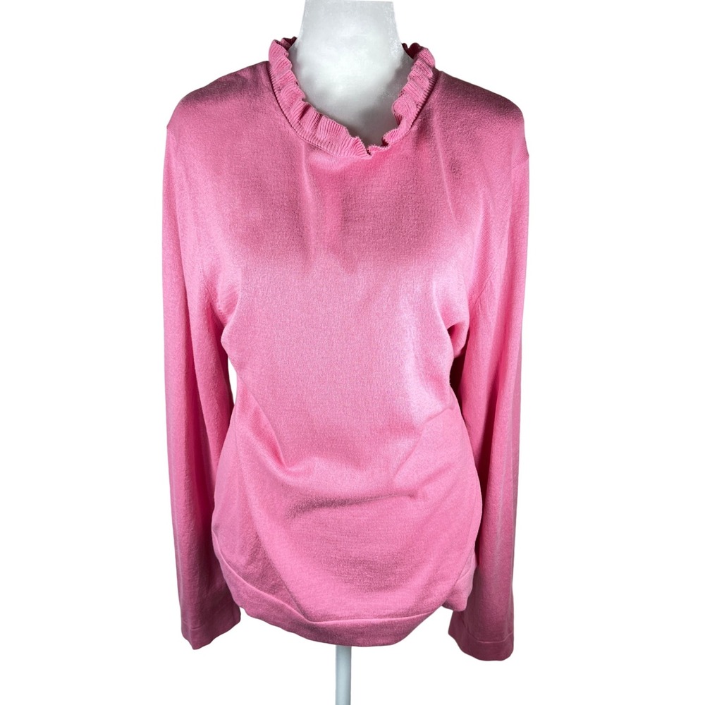 J. Crew Pink Ruffle Neck Long Sleeve‎ Sweater Cotton Knit Top Women's Size XXL